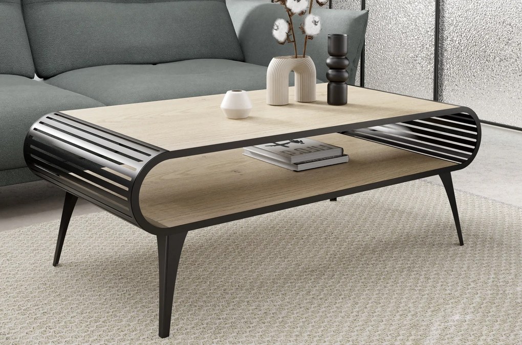 Loftowy stolik kawowy Aristo z ażurowymi bokami i półką