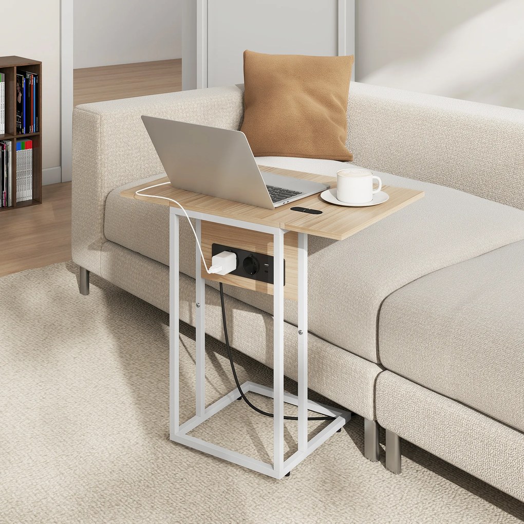 HOMCOM Składany stolik boczny, stacja ładująca z portami USB, metal, 39 x 29 x 57 cm, kolor drewna | Aosom PL