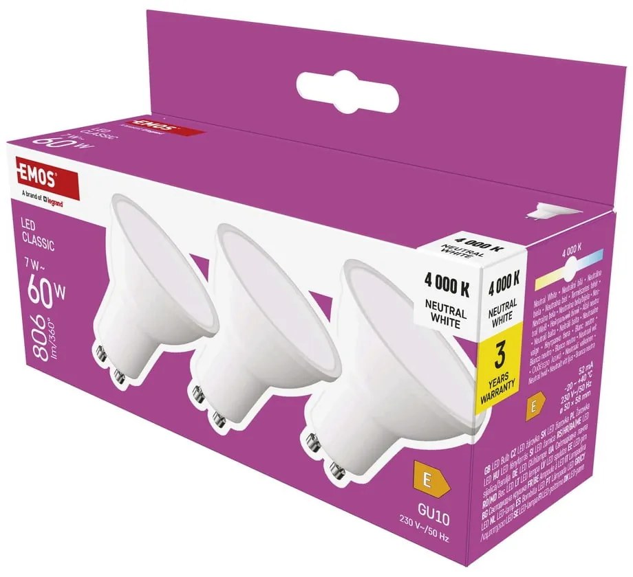 Żarówki LED z neutralnym światłem z gwintem GU10 zestaw 3 szt., 7 W – EMOS