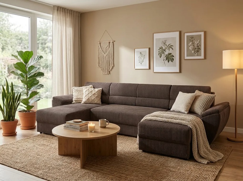 Rozkładana sofa narożna w kształcie U TAVERO 321x140 cm, brązowa