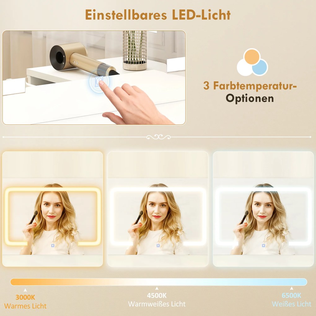 HOMCOM Toaletka z regulowanym lustrem LED, gniazdka, 6 szuflad, 2 otwarte półki, biały