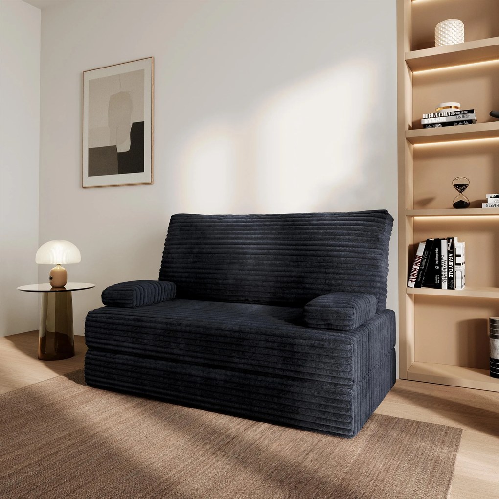 Masseno Sofa piankowa LADIA z funkcją spania, Kanapa z pianki do salonu, Bezmontażowa, Tkanina sztruksowa – Czarny TILIA 100