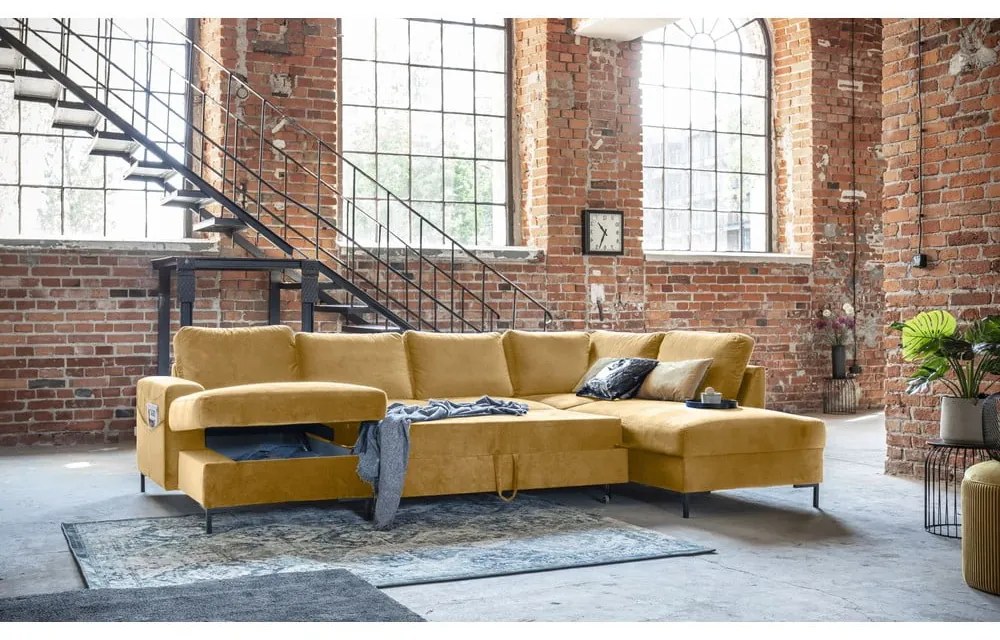 Musztardowożółta aksamitna rozkładana sofa w kształcie litery "U" Miuform Lofty Lilly, prawostronna