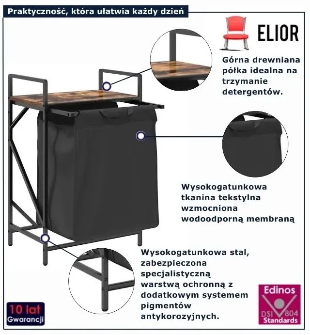Czarny materiałowy kosz na pranie z półką przydymiony dąb P3-B03