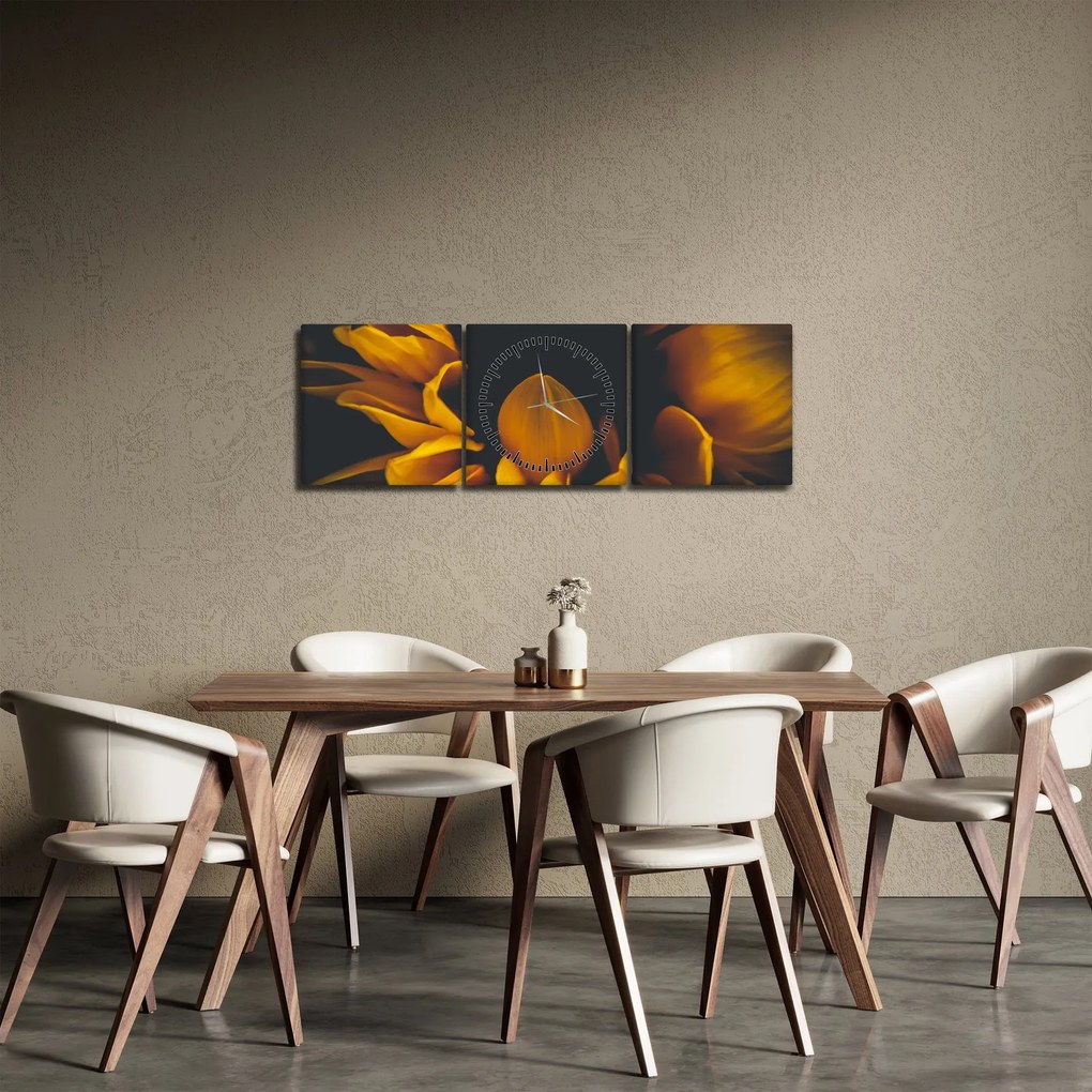 Obraz - Słoneczniki na czarnym tle (z zegarem) (90x30 cm)