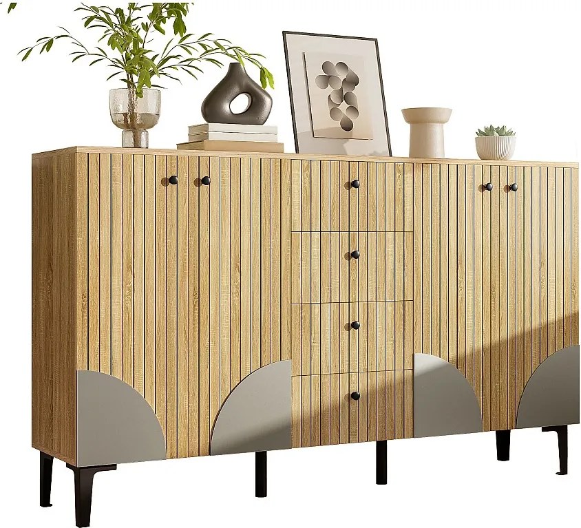 Nowoczesna drewniana komoda z 4 drzwiami i 4 szufladami - 160 x 36 x 94 cm - płyta wiórowa - kolor naturalny