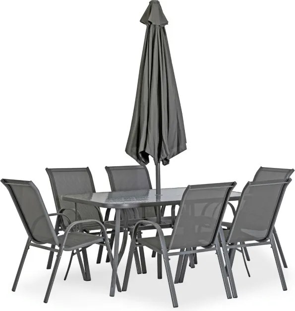 Zestaw Mebli Ogrodowych NEBRASKA Szary 6 Krzeseł Stół Tarasowy Parasol Nowoczesny
