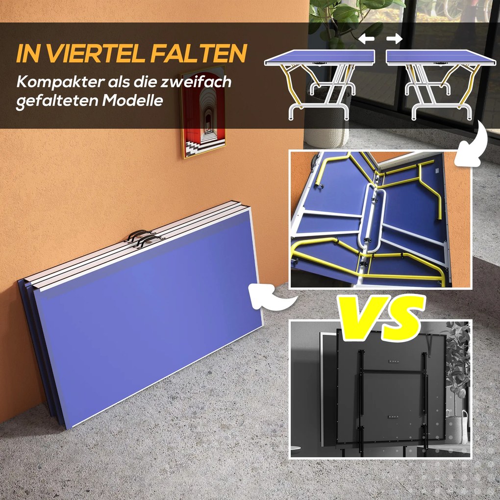 SPORTNOW Stół tenisowy składany z akcesoriami rakietki piłki siatka niebieski 274x152x76 cm | Aosom PL