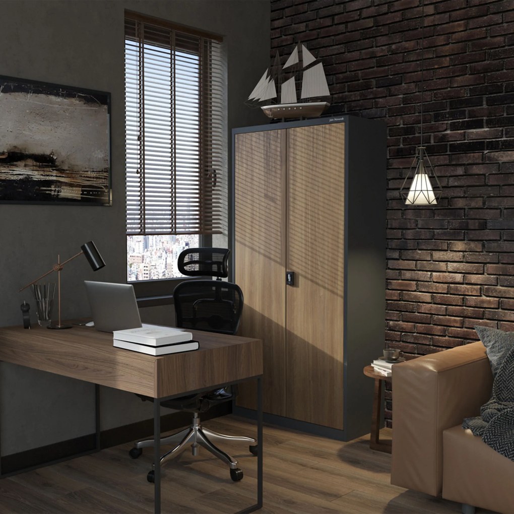 Szafa na dokumenty biurowa metalowa antracytowa/ orzech: Eco Design JAN H, 900 x 1950 x 400 mm