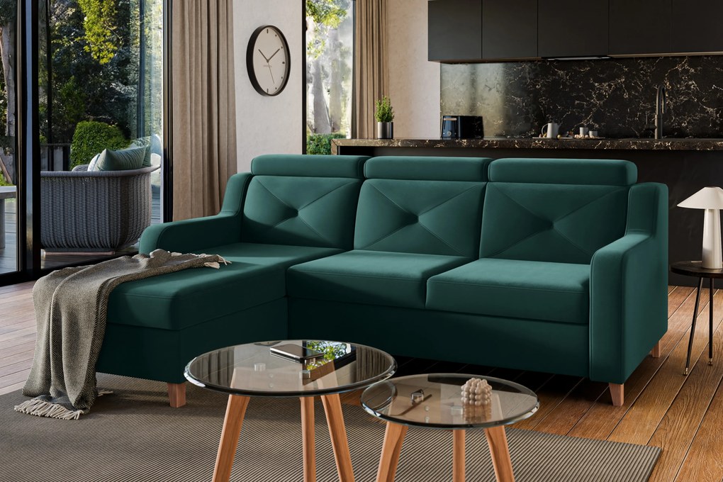 Narożnik Laksaro z funkcją spania lewostronny - zielony welur Trinity 28