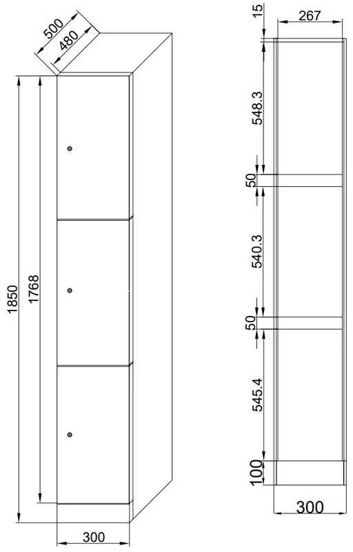 Szafka skrytkowa, 3 schowki, 1850 x 300 x 500 mm, zamek RFID, drzwi niebieskie