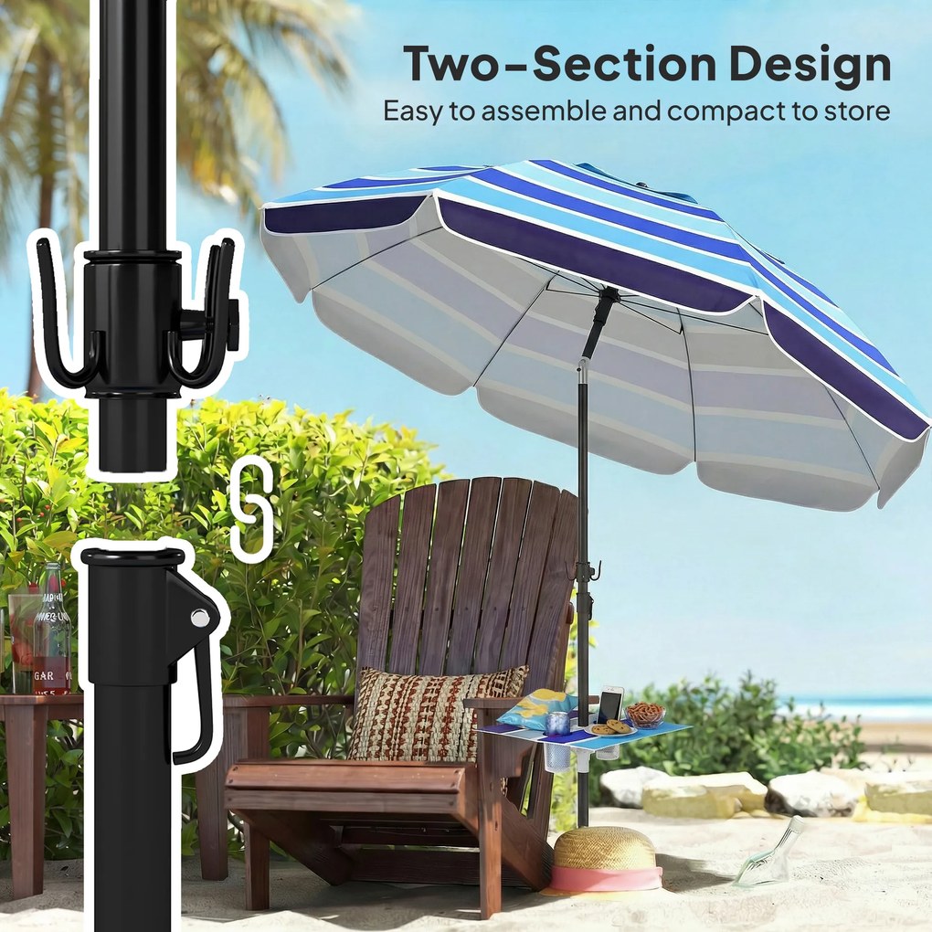 Outsunny Parasol Plażowy Ø198 cm UV30+ z Składanym Stolikiem i Uchwytami na Napoje, Regulowany, Wielokolorowy | Aosom PL