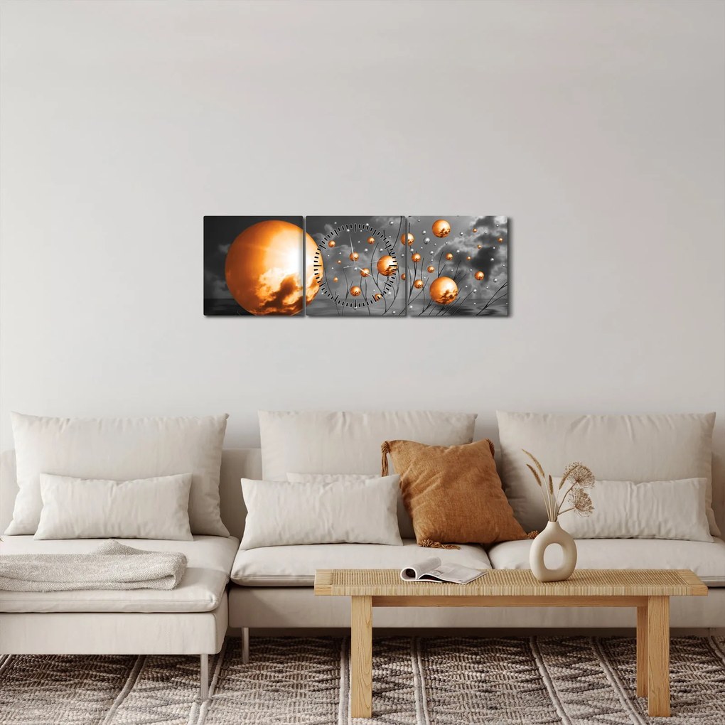Obraz pomarańczowych abstrakcyjnych kul (z zegarem) (90x30 cm)