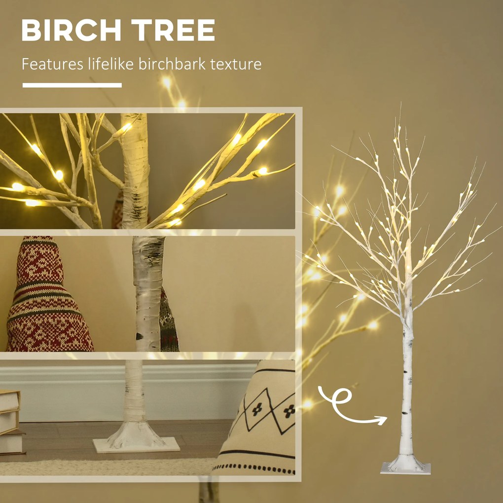 HOMCOM Sztuczne Drzewo, Sztuczna Brzoza z Oświetleniem LED, Ciepłobiałe, Realistyczna Biała Kora, 17Dł x 17Szer x 120Wys cm