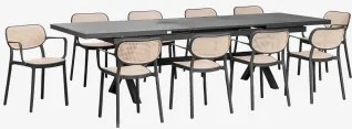 Zestaw Stołu Prostokątnego 240-300x100 Cm Rozkładanego Karena Oraz 10 Sztaplowanych Krzeseł Ogrodowych Z Podłokietnikami Omara - Sklum