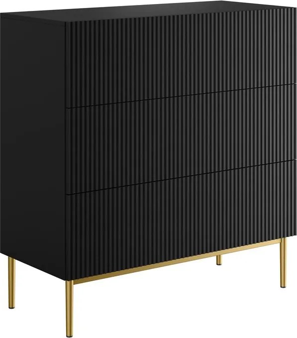 Komoda Nicole 100 cm z szufladami z ryflowanym frontem - czarny mat / złote nóżki