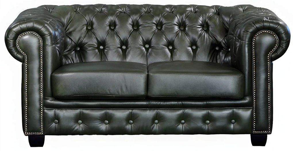 Kanapa 2-osobowa chesterfield BRENTON 100% skóry bawolej - Kolor: zieleń cesarska