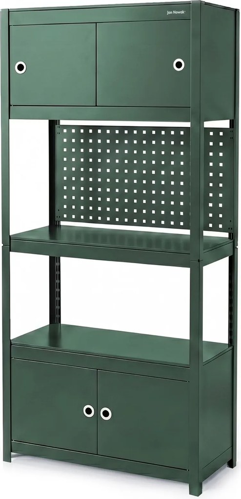 Metalowy regał warsztatowy z szafkami Johnny, 80 x 42 x 180 cm, kolor zielony