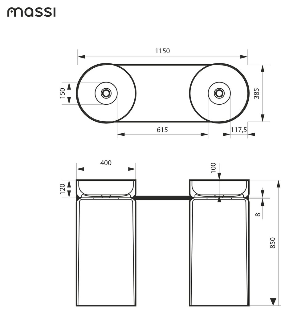 Dwie umywalki z konglomeratu wolnostojące okrągłe 85 x 40 cm RONA bez przelewu połączone półką szklaną | Różne kolory półki : Kolor szklanej półki - Zielony, Kolor umywalki RONA - Biały matowy, Podłączenie syfonu - Do podłogi