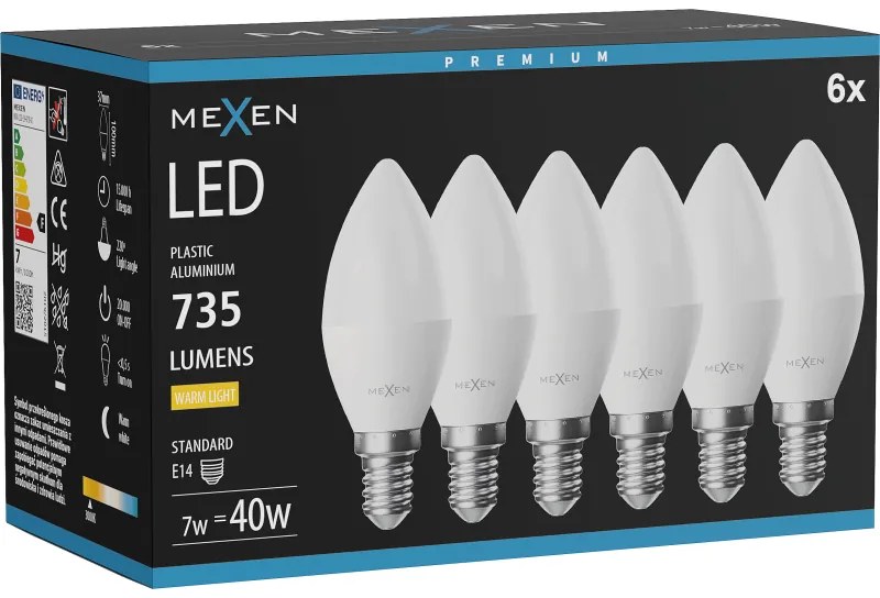 Mexen Nova 6x żarówka LED E14, C37, 7W, Ciepła - 3000K, 735 lm - L102-E14-0730-01x06