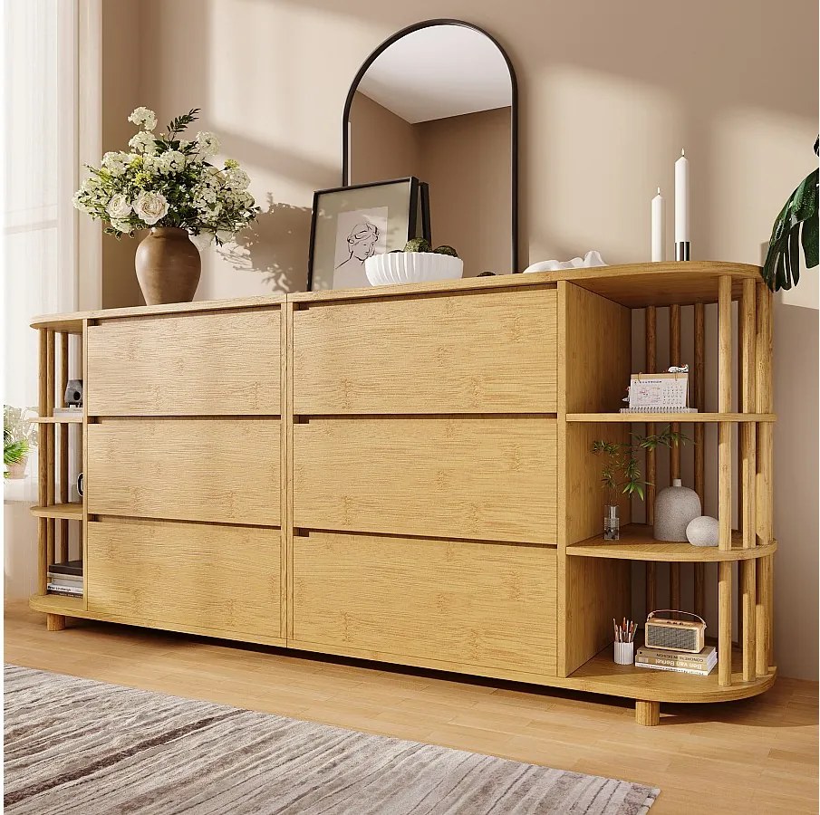 Nowoczesna dębowa komoda - 160 x 40 x 75 cm - z kolumnami i półkami z bambusa + 6 szuflad - Bambus + MDF - naturalny