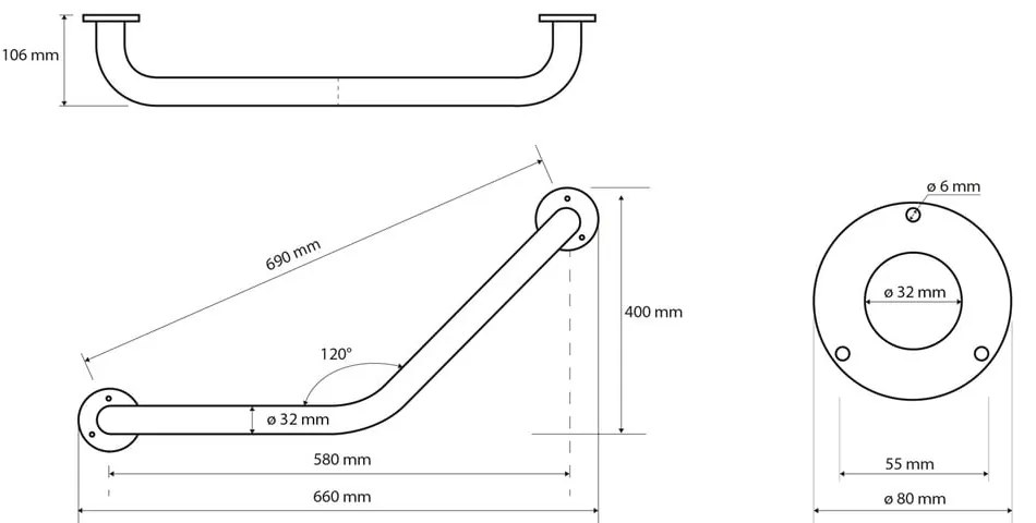 Stalowy uchwyt ścienny do łazienki 66 cm Handicap 120° – Sapho