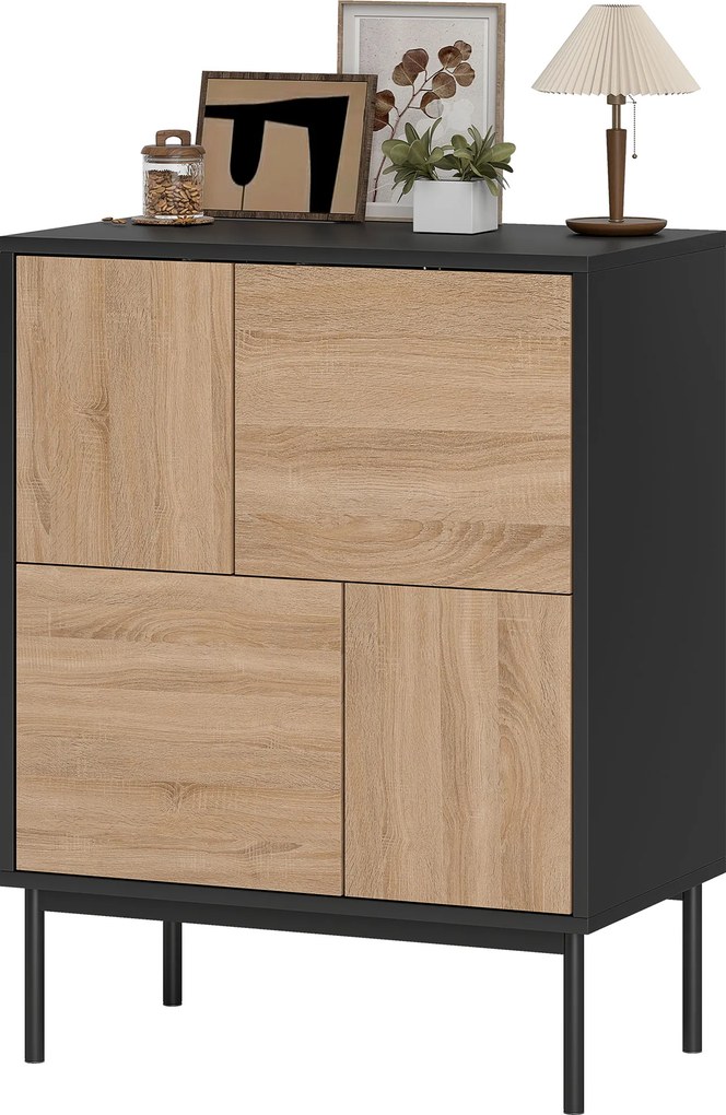HOMCOM Sideboard z drzwiami push-to-open, szafka do jadalni na metalowych nogach, szafka kuchenna, MDF, Czarny+Naturalne drewno