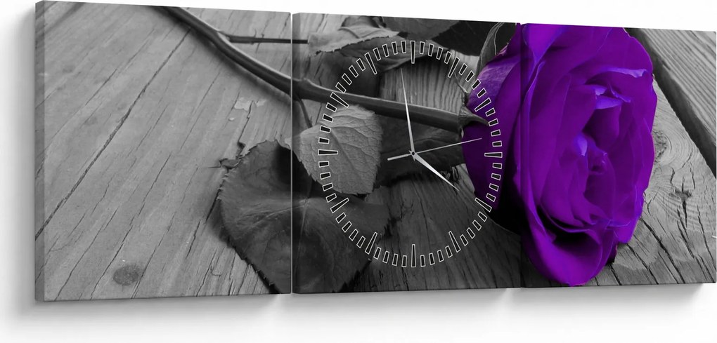 Obraz - Fioletowa róża z zieloną łodygą (z zegarem) (90x30 cm)