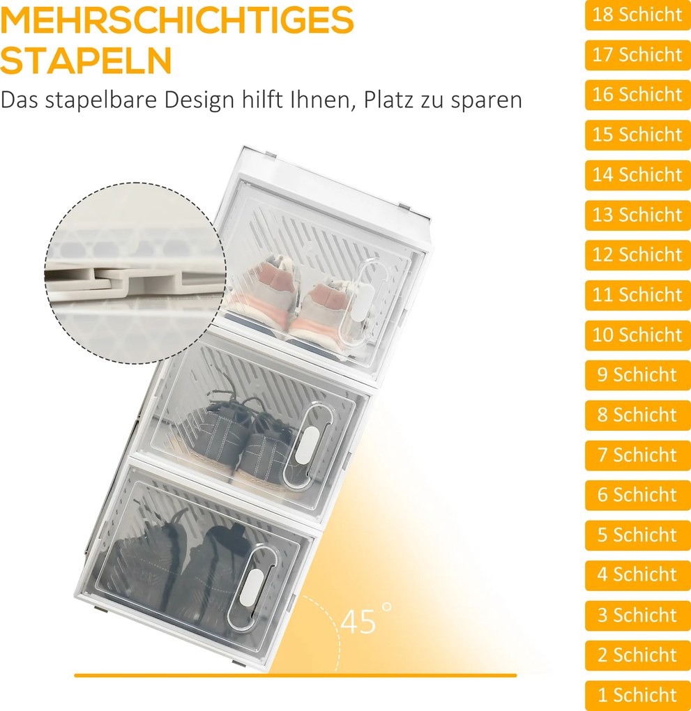 HOMCOM 18-elementowy regał na buty, stabelowane pudełka na buty do rozmiaru 45, magnetyczne drzwi, tworzywo sztuczne, 28 x 36 x 21 cm