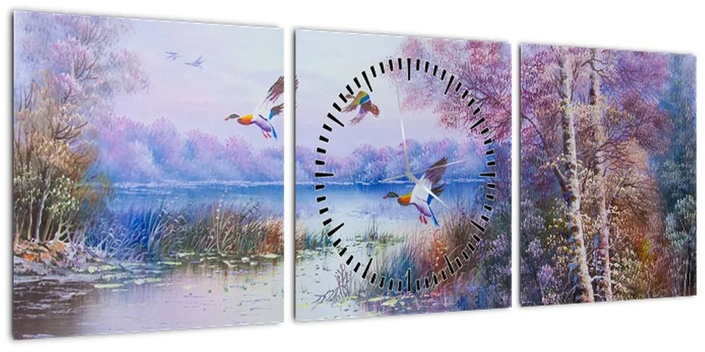Obraz - Idzie jesień, obraz olejny (z zegarem) (90x30 cm)