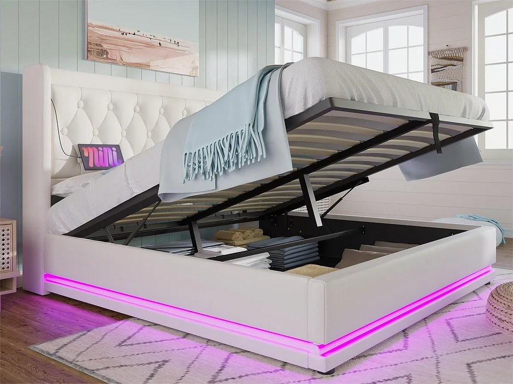 Łóżko tapicerowane 140 x 200 cm z ekoskóry - z funkcją ładowania i LED u stóp łóżka - Białe