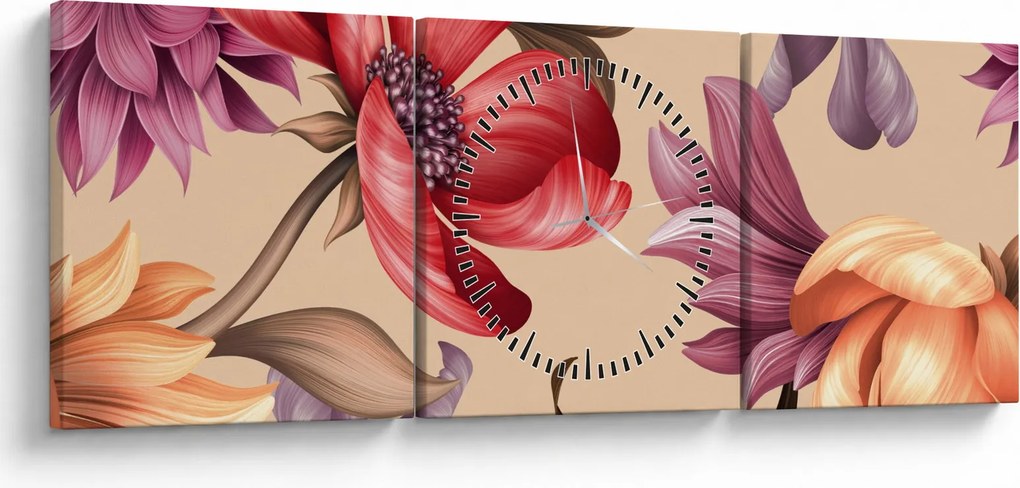 Obraz - Vintage Flowers (z zegarem) (90x30 cm)