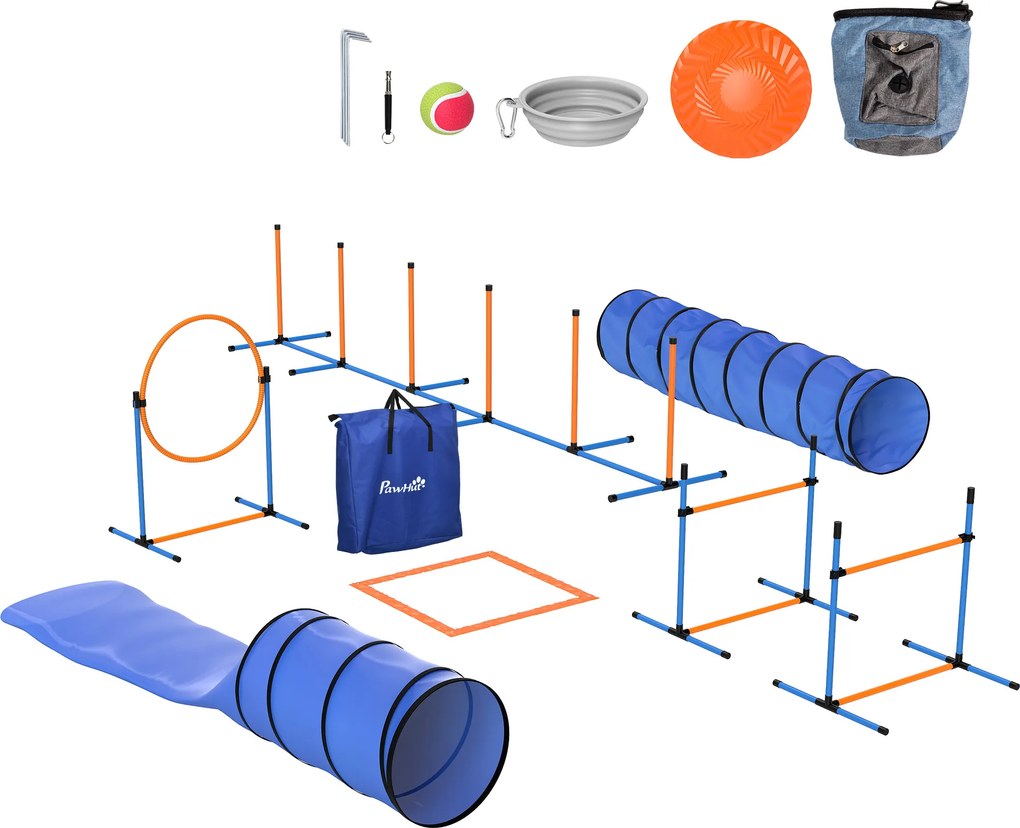PawHut Zestaw Agility dla psów 11-częściowy wyposażenie Agility z 2 tunelami, regulowana wysokość, obręcz skokowa i płotki, tyczka slalomowa | Aosom PL