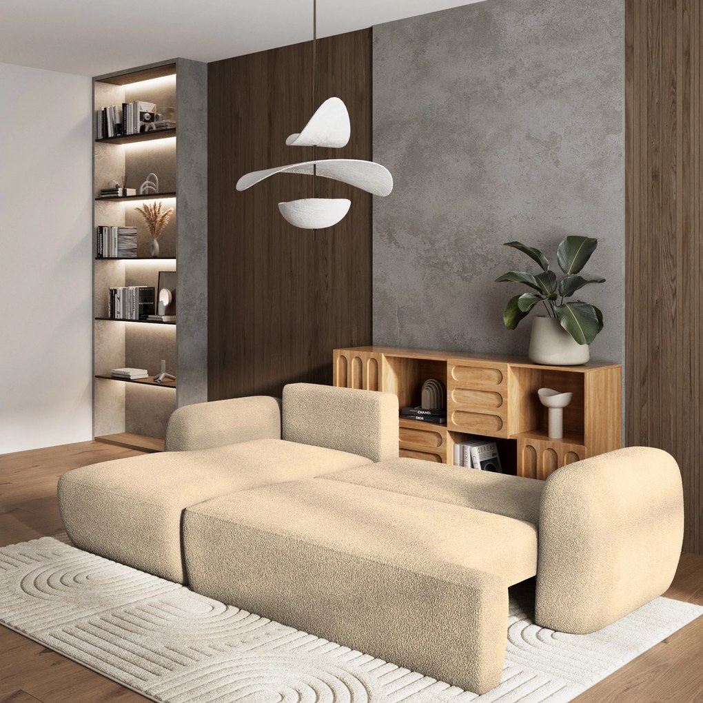 Masseno Narożnik MODENZA z funkcją spania i pojemnikiem na pościel Narozniki L, Rozkładana sofa - Kremowy, NOW OR NEVER 02