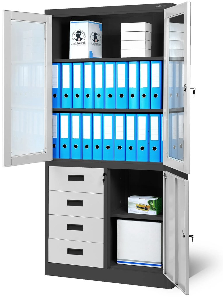 Szafa biurowa przeszklona na akta z 4 szufladami antracytowo-biała, 900x1850x400 mm: WIOLA