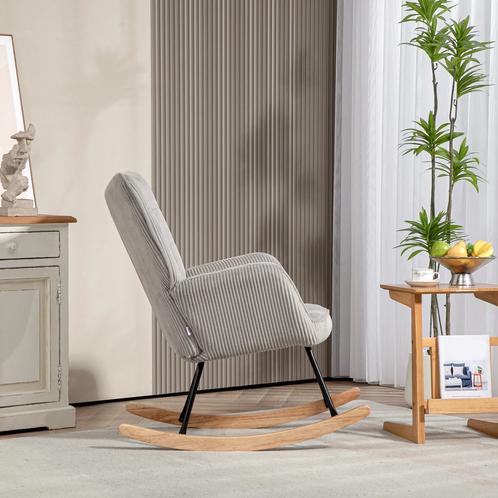 HOMCOM Vintage fotel bujany, zakrzywione płozki, grube wypełnienie, buk i stal, jasnoszary