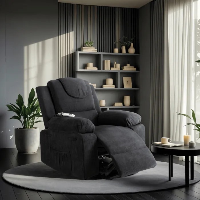 Fotel Masujący FENIX z Funkcją Wstawania Elektrycznie Rozkładany Czarny Nowoczesny