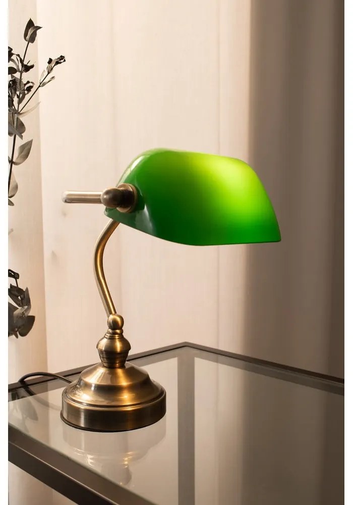 Zielona lampa stołowa z podstawą w kolorze mosiądzu Markslöjd Bankers, wys. 25 cm