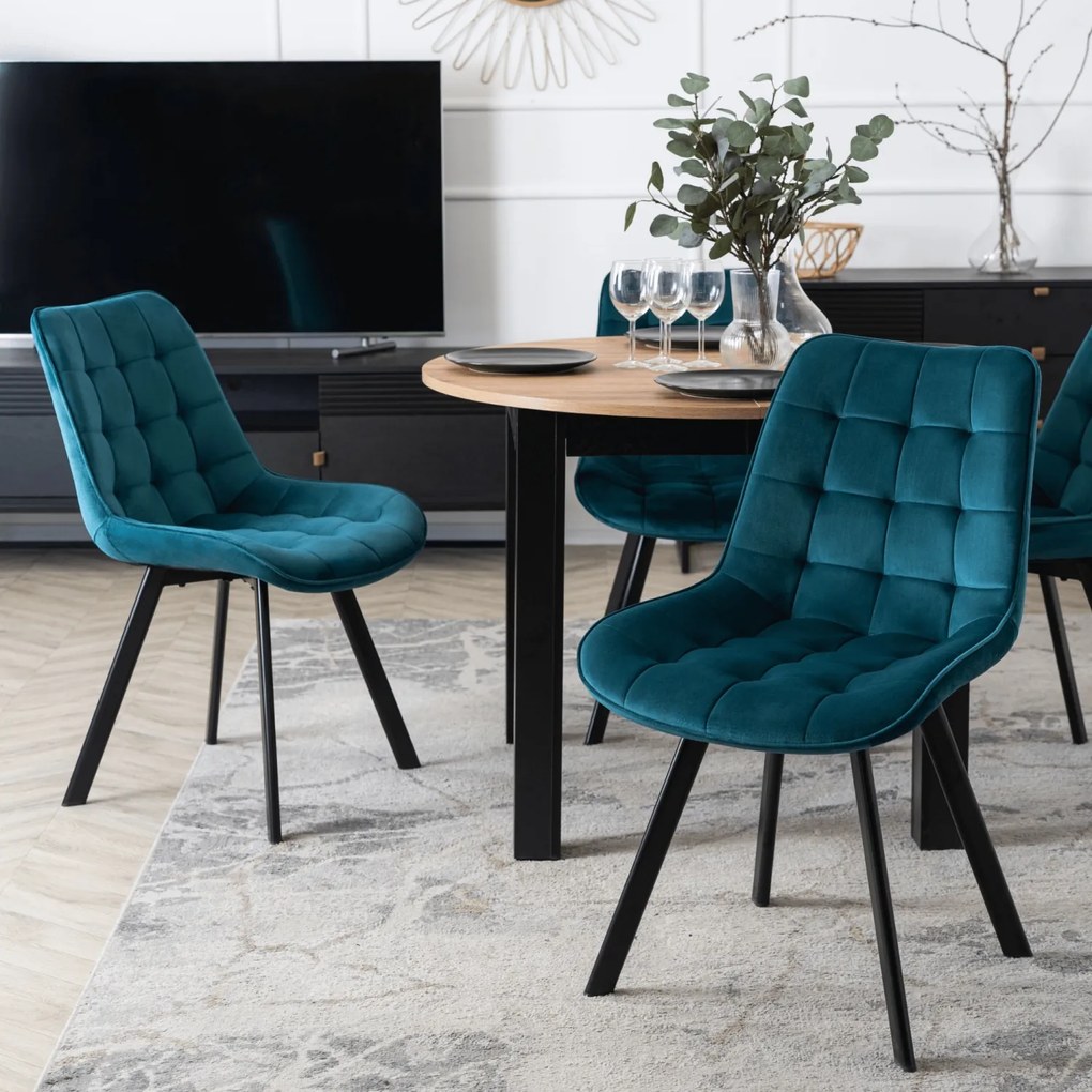 Zestaw Stół Okrągły Rozkładany HARRY 102-142 cm Dąb Craft/Czarny i 4 Krzesła Tapicerowane RICK Turkusowe Nowoczesne