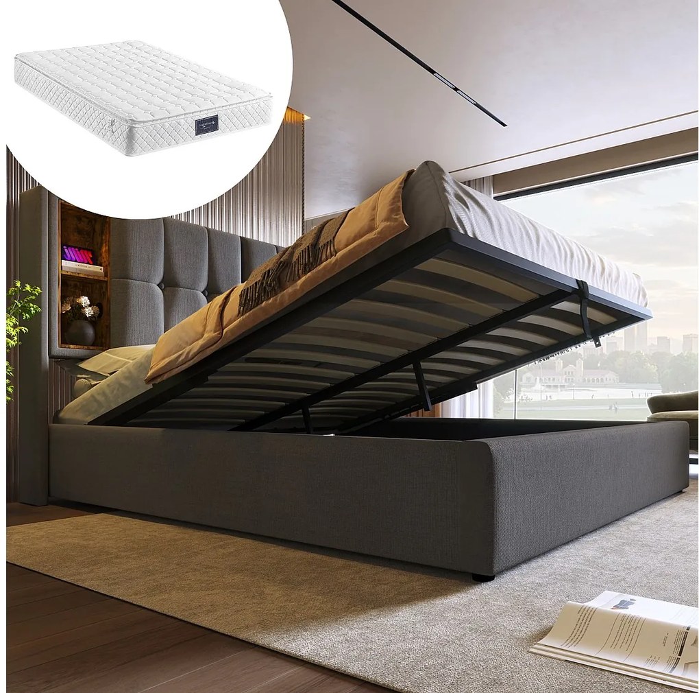 Łóżko tapicerowane dwuosobowe ze schowkiem - 160 x 200 cm - Materac + Zagłówek z USB - Tkanina bawełniana - Szary