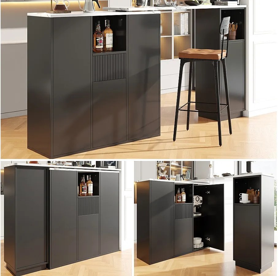 Stół barowy obrotowy - 210 x 30 x 100,9 cm - wyspa kuchenna z drzwiami i szufladą - MDF - czarny