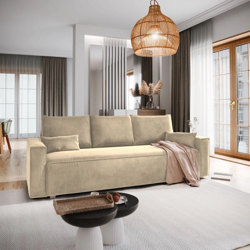 Masseno Sofa ALATRI z funkcją spania i pojemnikiem na pościel, Rozkładana sofa - Kremowy, Monolith 04