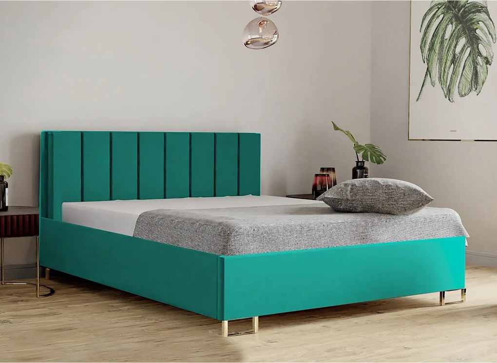 Łóżko tapicerowane MALIBU, wezgłowie, obicie VELUTTO, pojemnik na pościel, podnośnik gazowy, wysokość spania 39 cm, 120x200 cm, Zielony