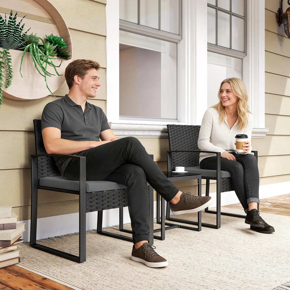 Outsunny Zestaw bistro z rattanu, 3-częściowy zestaw mebli ogrodowych z 2 krzesłami ogrodowymi, stolikiem kawowym, zdejmowanymi poduszkami Ciemnoszary | Aosom PL