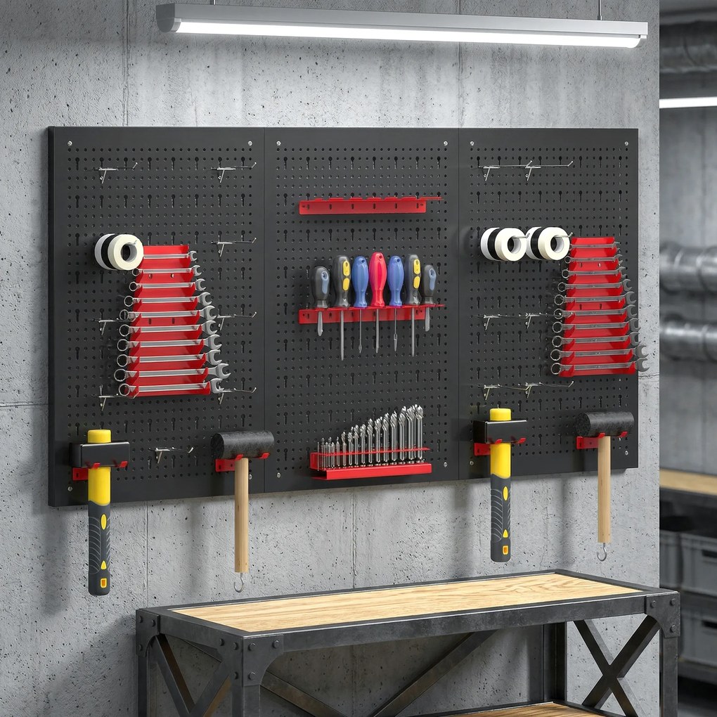 HOMCOM System przechowywania, tablica narzędziowa 60 x 40 cm, 28 elementów, z haczykami i półkami, czerwono-czarny | Aosom PL