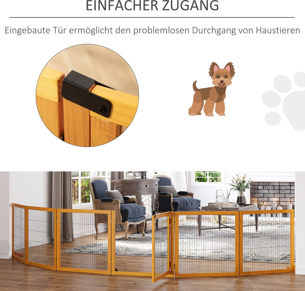 PawHut Wolnostojąca Drewniana Bramka dla Psa, Modułowa i Składana z 6 Paneli i 2 Podpor, Żółta