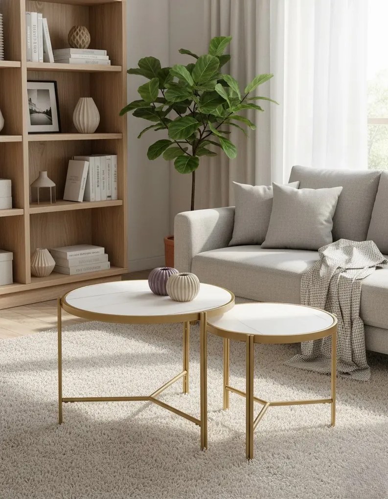 Zestaw wsuwanych stolików kawowych biały marmur M2-R65