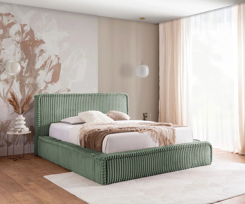 Zielone tapicerowane łóżko z pojemnikiem 5 rozmiarów - Cordelio
