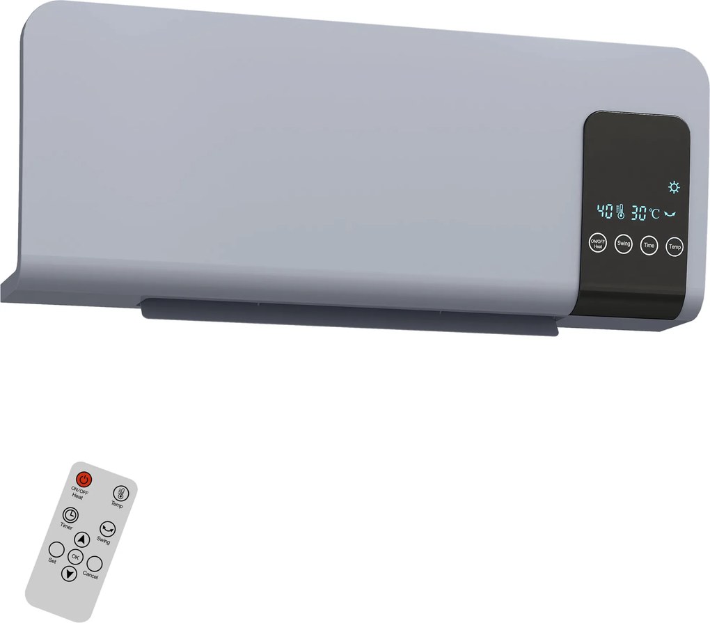 HOMCOM Elektryczne ogrzewanie, montaż na ścianie, funkcja oscylacji, 2 tryby, timer, wyświetlacz LED, szary | Aosom PL