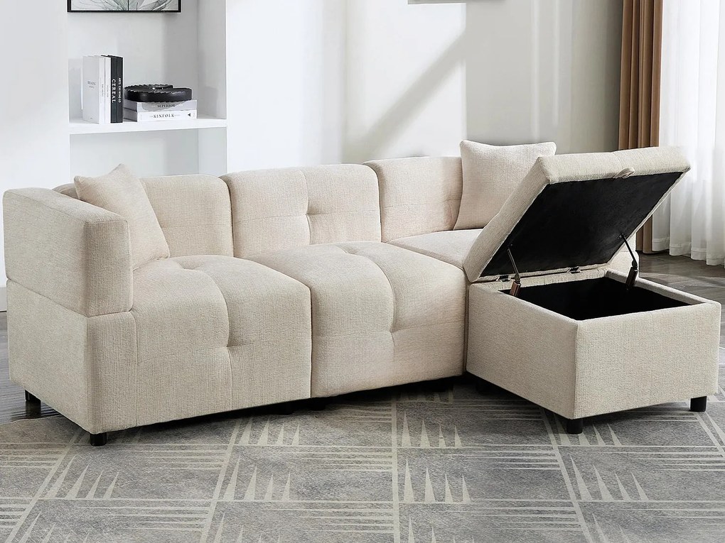 Sofa narożna 3-osobowa - z przechowywaniem - zdejmowana pufa - 2 poduszki - beżowy